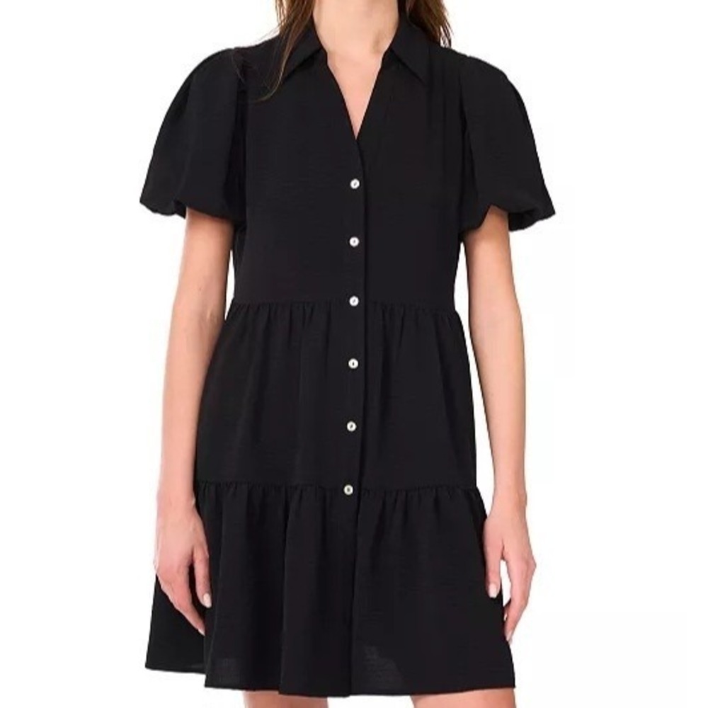 Tahari Collared Button Up Fit & Flare Black Shirtdress Puff Sleeve Womens 6 READ